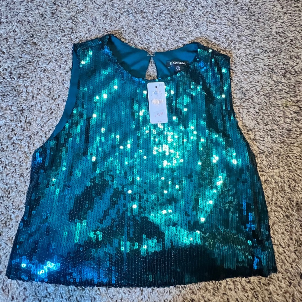 Express Womens Teal Green Sequin Sleeveless Crop Top Blouse XS New With Tags